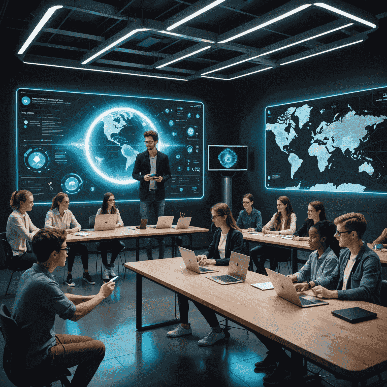 A futuristic virtual classroom with students interacting with holographic displays and AI tutors