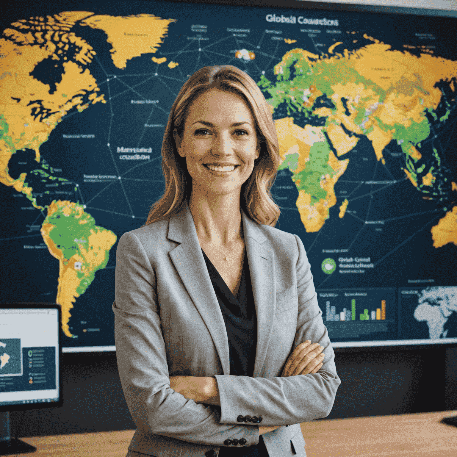 A smiling woman in a business suit standing in front of a large screen displaying various online courses and global map connections