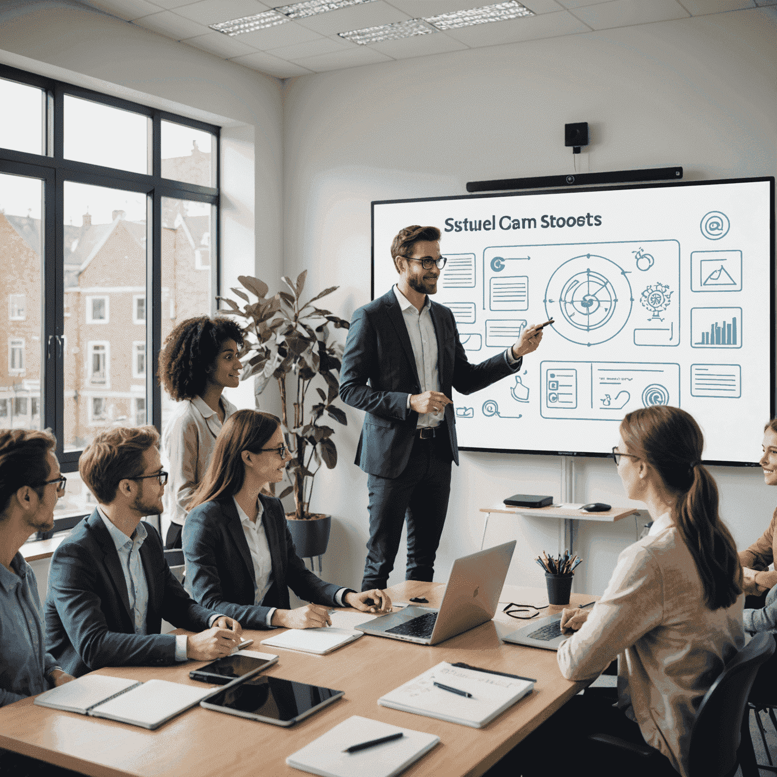 Illustration of a virtual classroom with students interacting with various e-learning tools and a teacher guiding them through a digital whiteboard