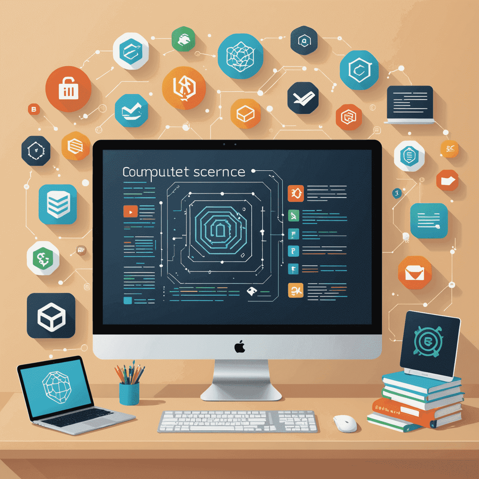 Computer Science course illustration showing code on a screen and various programming languages logos