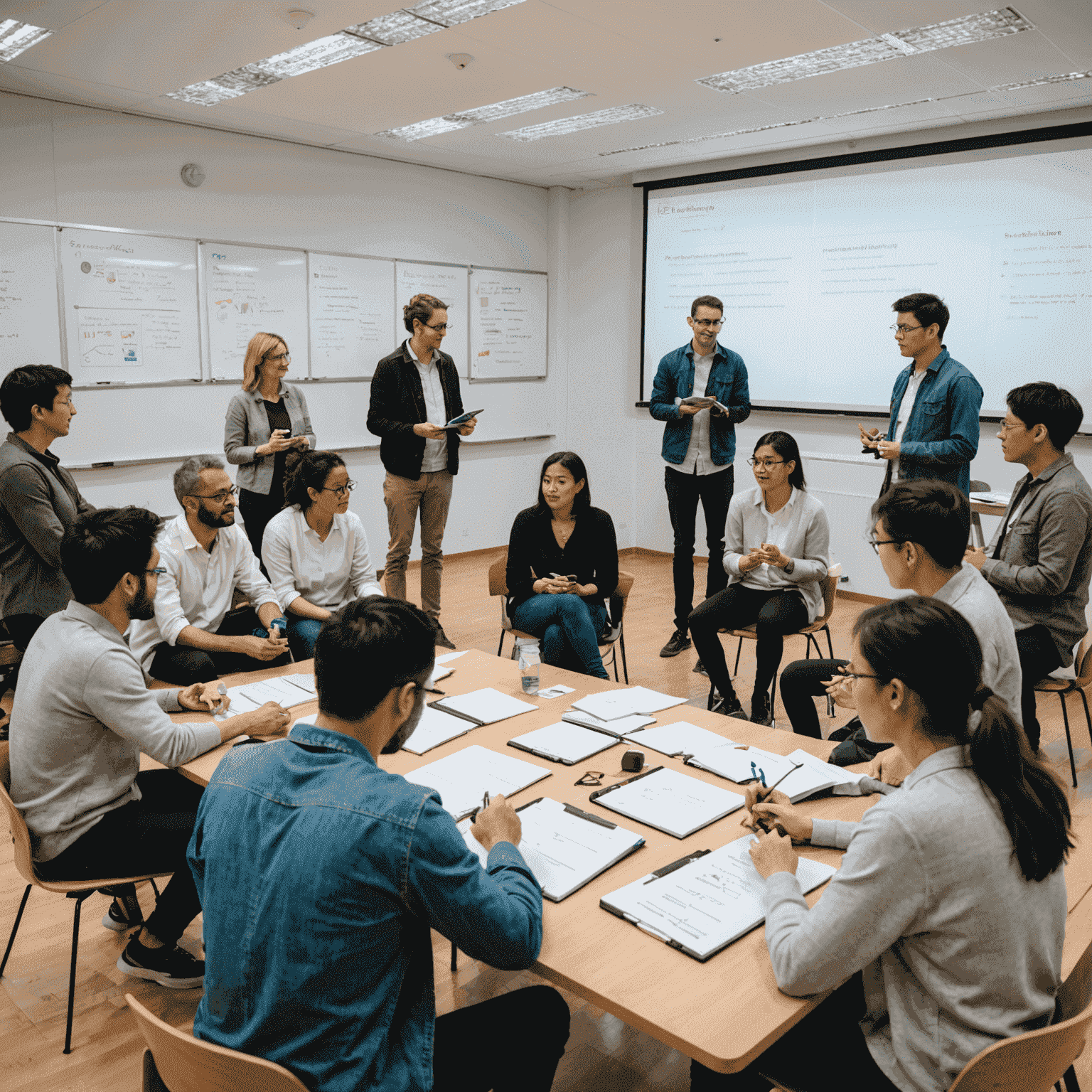 A diverse group of participants engaged in a workshop, collaborating on a project with a facilitator guiding them. The room is bright and filled with creative energy, with whiteboards and digital screens visible.