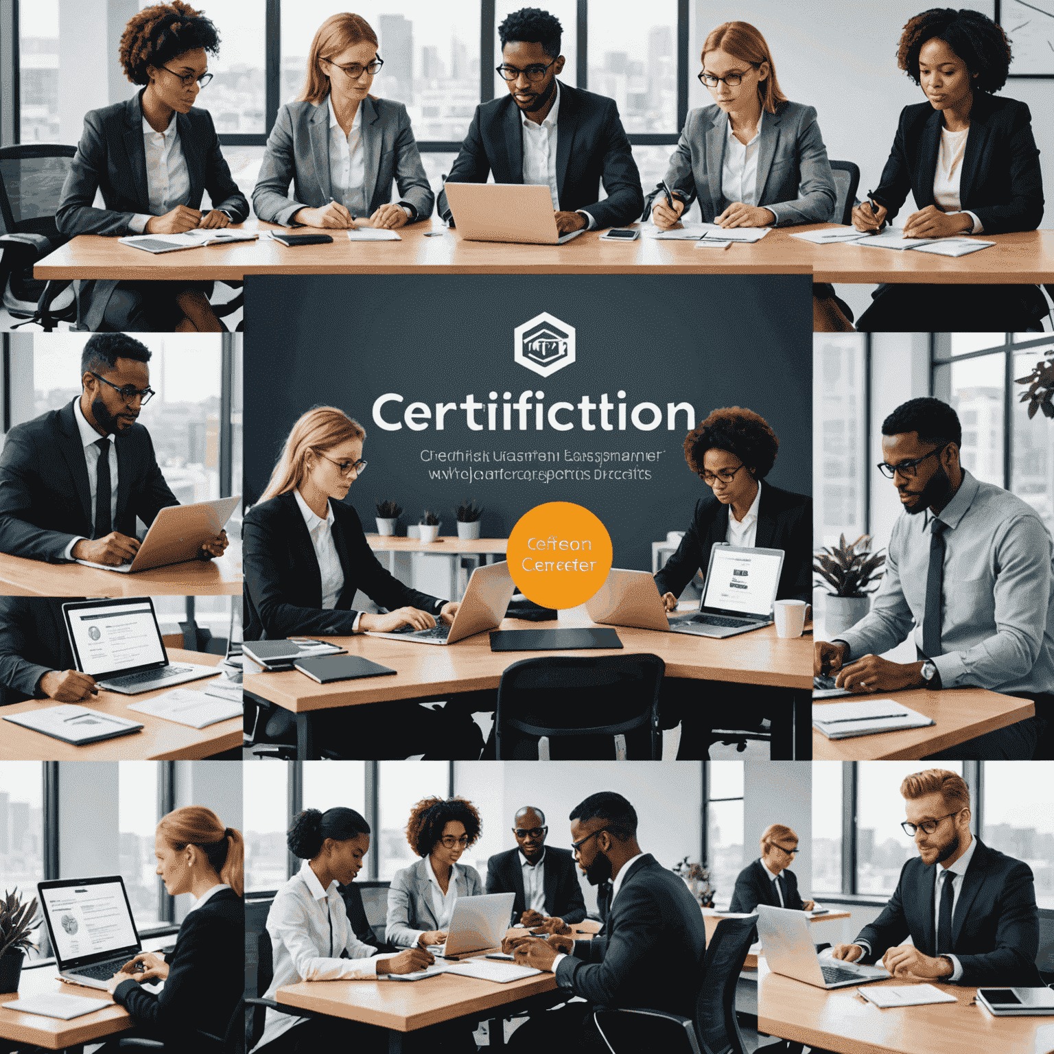 A collage showcasing various certification badges and professionals working on laptops in a modern office setting. The image represents the diversity of certification programs offered and the career advancement opportunities they provide.