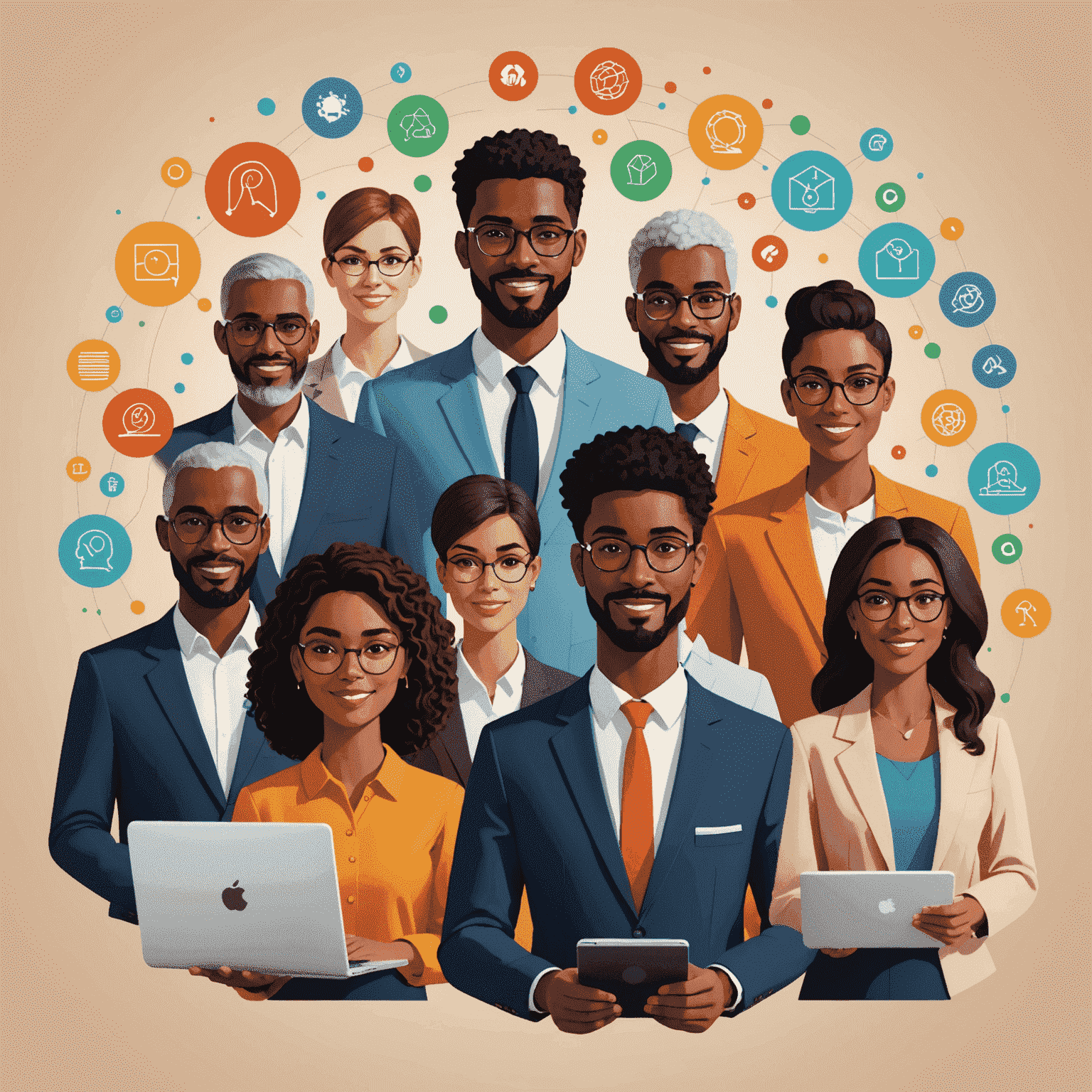 A diverse group of professionals participating in a virtual skill development workshop, with icons representing various career skills floating around them