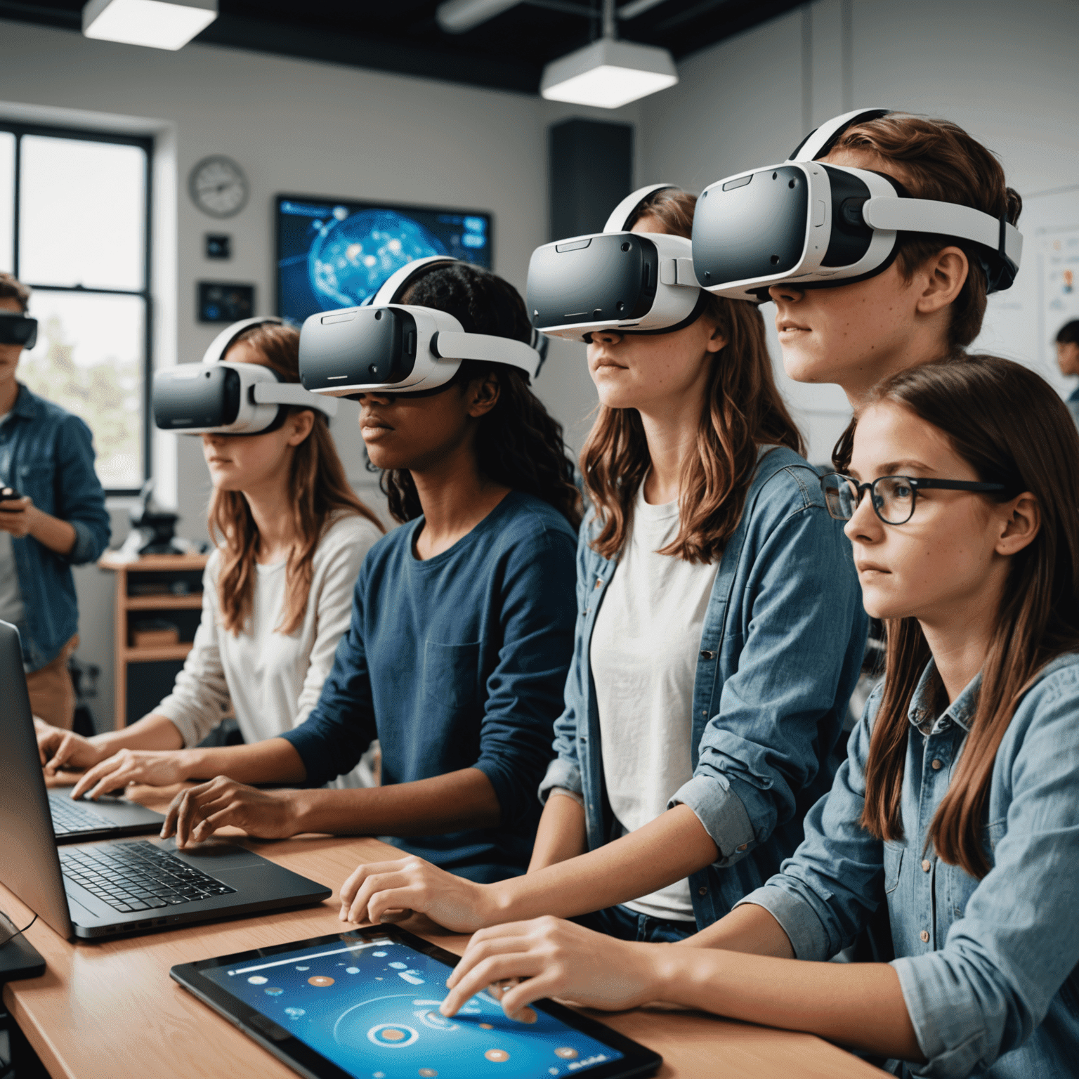 Students wearing VR headsets, interacting with 3D models in a virtual science lab
