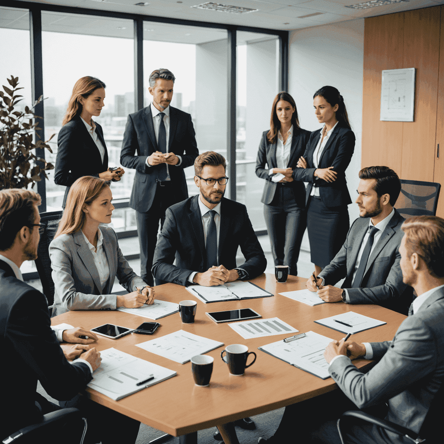 Business Management course illustration showing a group of people in a meeting room discussing strategies