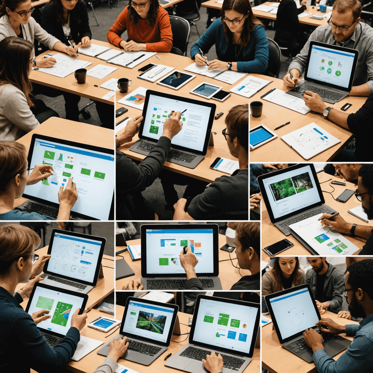 A collage of various interactive workshop scenes, showing participants using tablets, collaborating on digital whiteboards, and engaging in group discussions. The images highlight the diversity of topics and hands-on nature of the workshops.