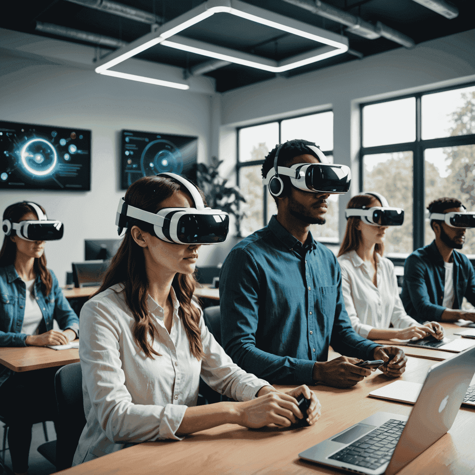 A futuristic classroom with students using VR headsets and AI assistants, showcasing the latest trends in e-learning