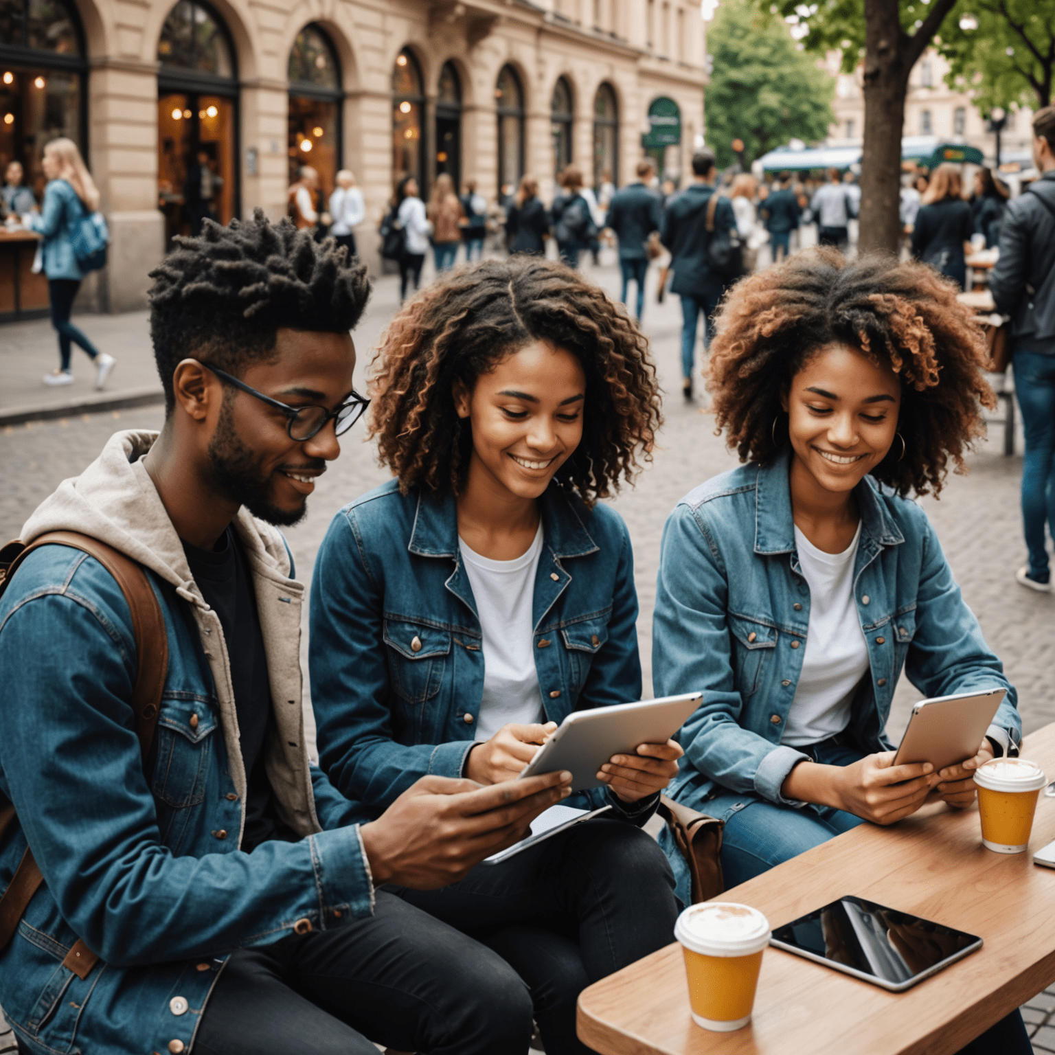 A diverse group of students using tablets and smartphones to access e-learning content in various settings - cafes, parks, and public transport