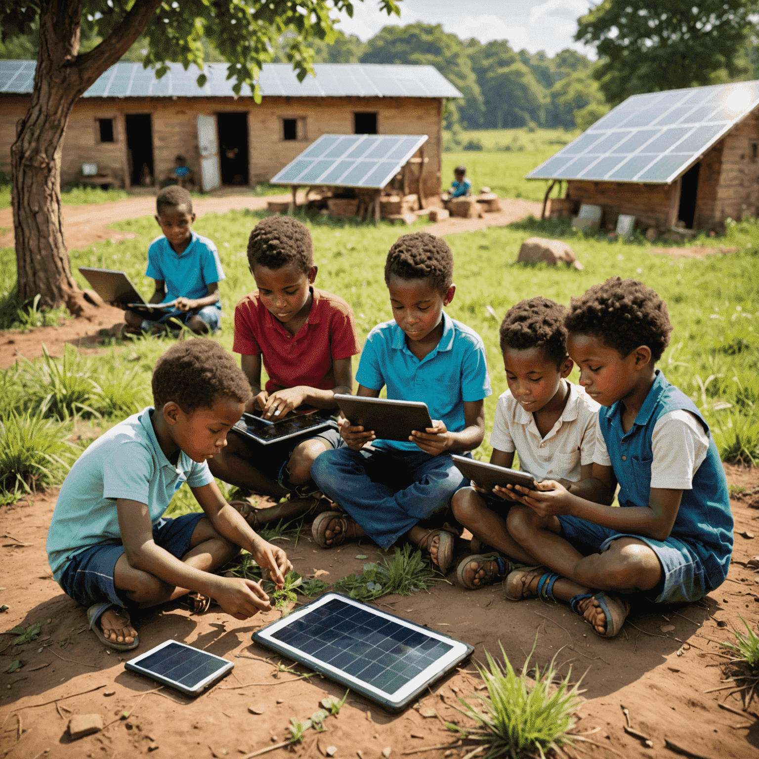 Children in a rural setting gathered around tablets, engaged in online learning with solar-powered internet stations nearby