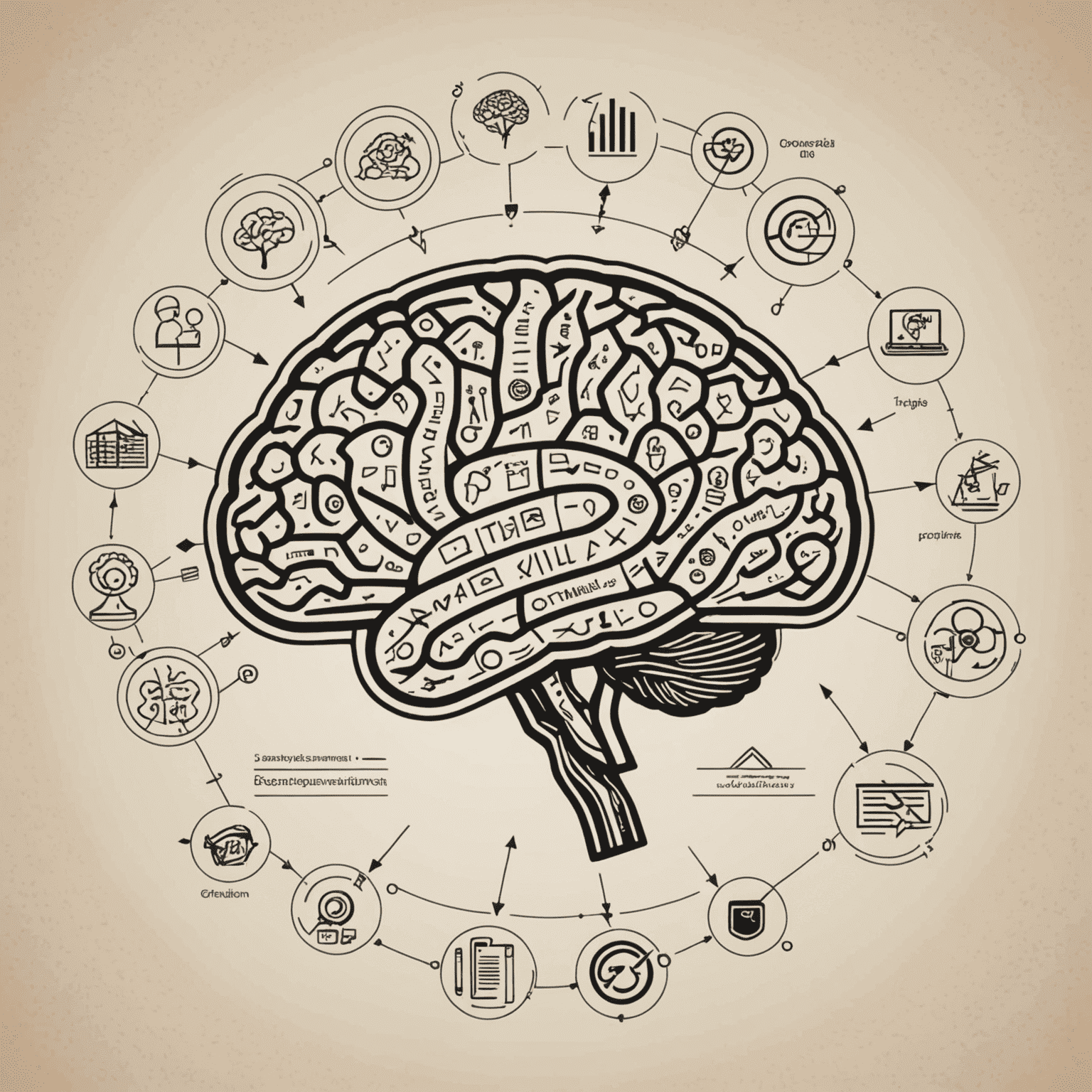 A delicate line drawing of a brain connected to various skill icons, with a progress bar and analytics charts overlaid, representing comprehensive skill assessment tools.