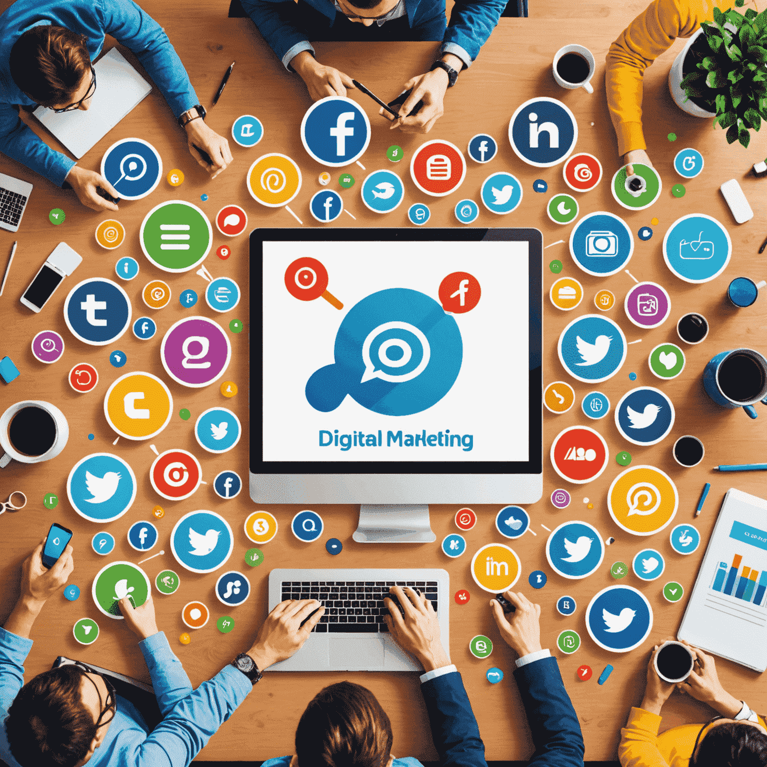 Digital Marketing course illustration showing social media icons, SEO concepts, and online advertising methods