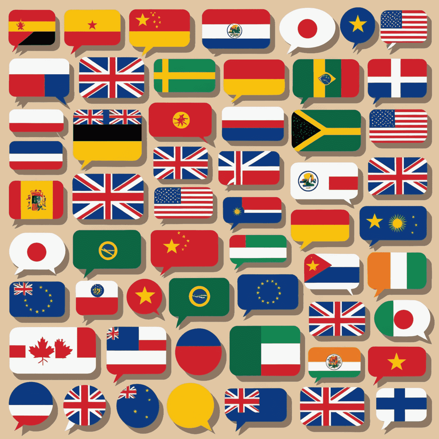 Foreign Languages course illustration showing various language flags and conversation bubbles